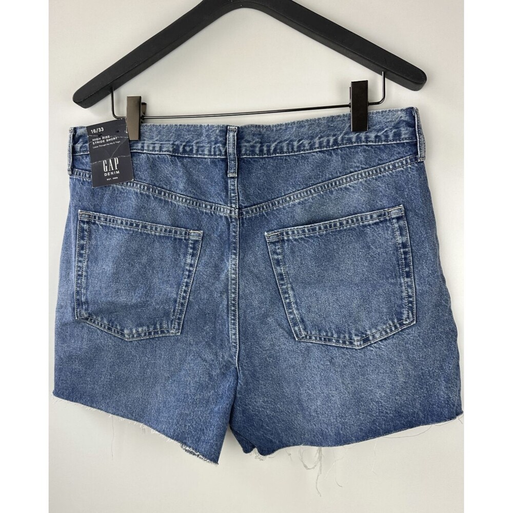 NWT GAP High Rise Destructed Stride Shorts Blue Denim Jean Distressed Size 16 33 - Picture 9 of 10